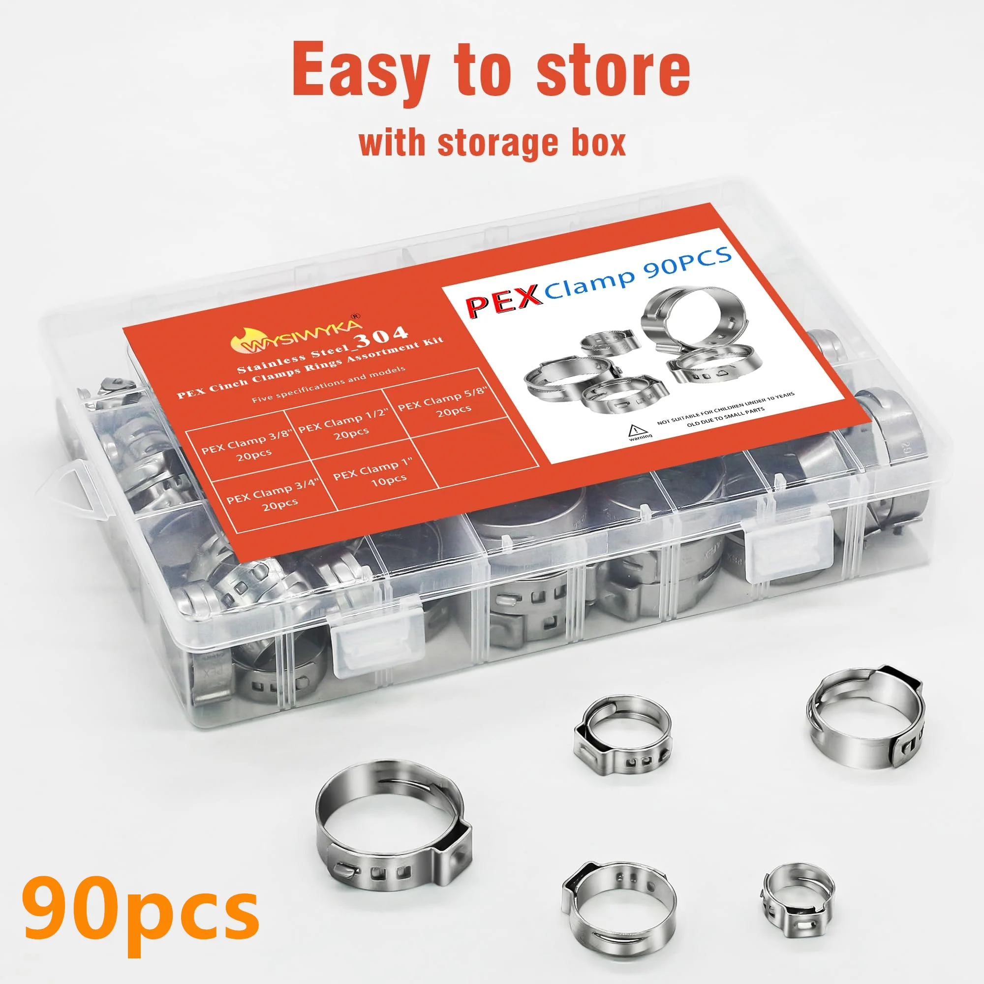 90pc 5Sizes PEX Cinch Clamps Rings Assortment Kit 304 Stainless Steel Single Ear Hose Clamps Pex Crimp Rings for PEX Tubing Pipe