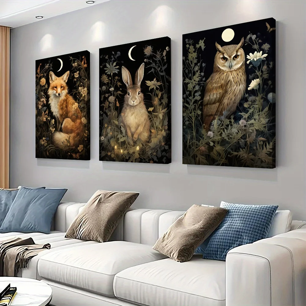 3-piece set of dreamy forest moonlit fox decoration painting Nordic style canvas hanging painting living room bedroom entrance w