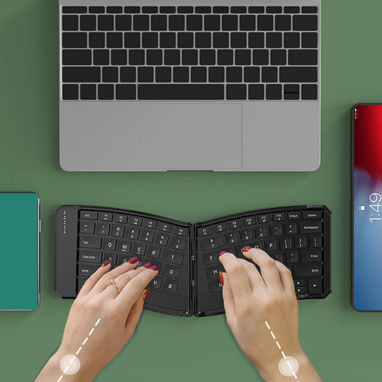 Portable Wireless Keyboard Easy Cleaning V Shape 166° Angle PU Leather Split Key Layout Ergonomic Foldable Keyboard for Travel