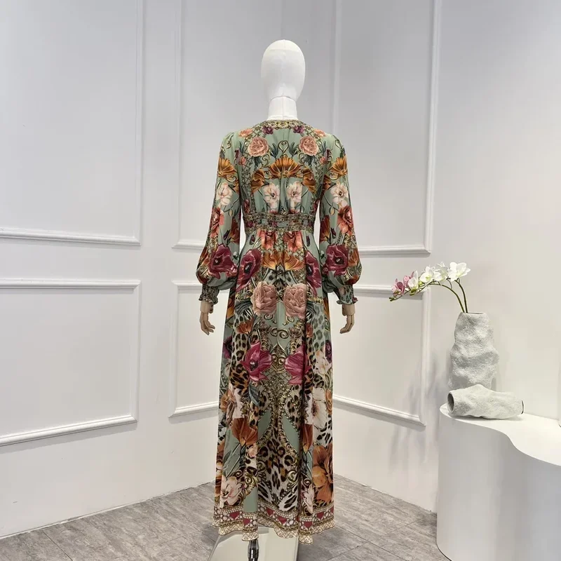 Silk 2023 Latest Collection Top Quality Elegant Vintage Floral Printing Long Lantern Sleeve Diamonds High Waist Woman Midi Dress