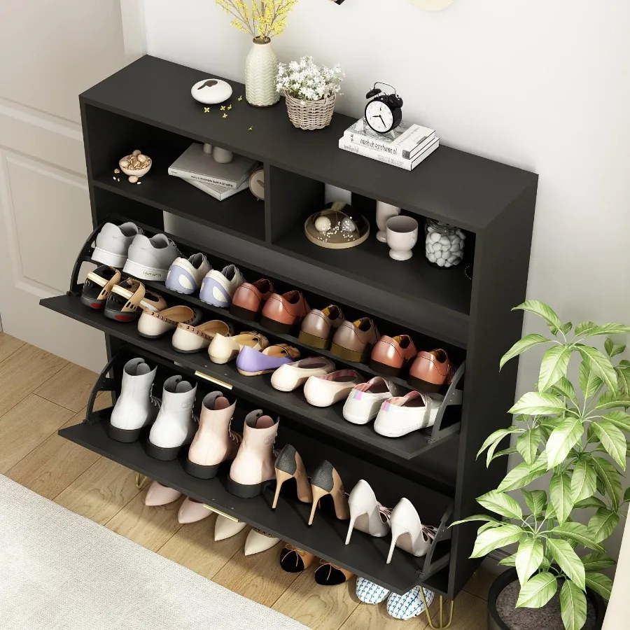 Large Shoe Cabinet with 2 Flip Drawers Shoe Storage Cabinet for Entryway Slim Hidden Shoe Storage with Open Shelf Freestanding