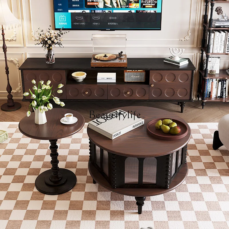 

French solid wood retro coffee table light luxury high-end small apartment household round table