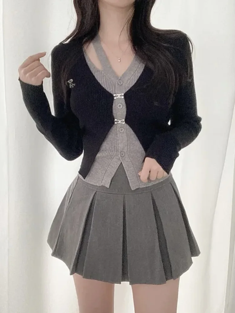 Suéter E de Punto de Manga Larga para Mujer, Diseño de Dos Piezas Falsas a la Moda, Primavera 2025, Estilo Coreano, Co...