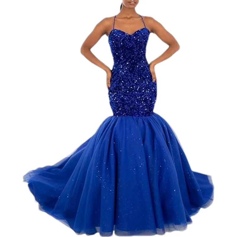 

Блестящие платья для выпускного вечера с пайетками по индивидуальному заказу для женщин, длинное бальное платье из тюля с лямкой на шее, без рукавов, вечернее платье русалки