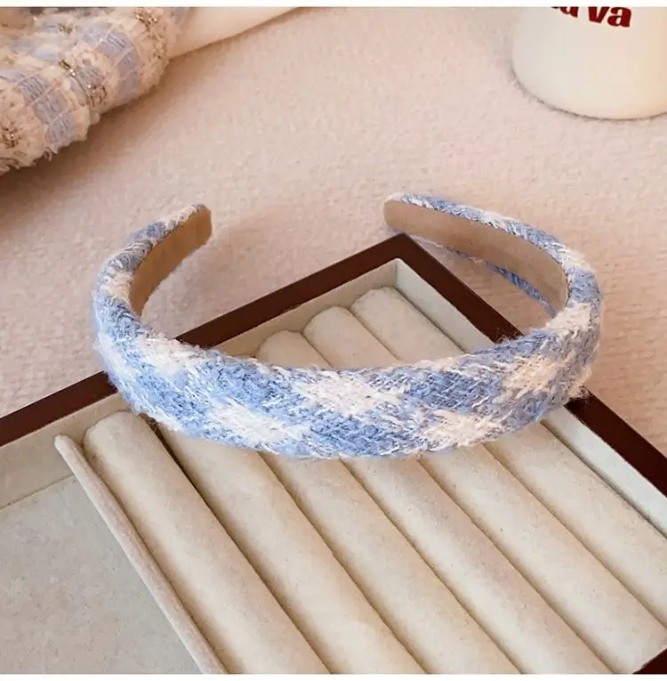 Milk White Gentle Blue Woolen Winter Hair Accessories Girl Headband Boutique Handmade Woven Denim Blue Stripe Women\'s Hair Bands