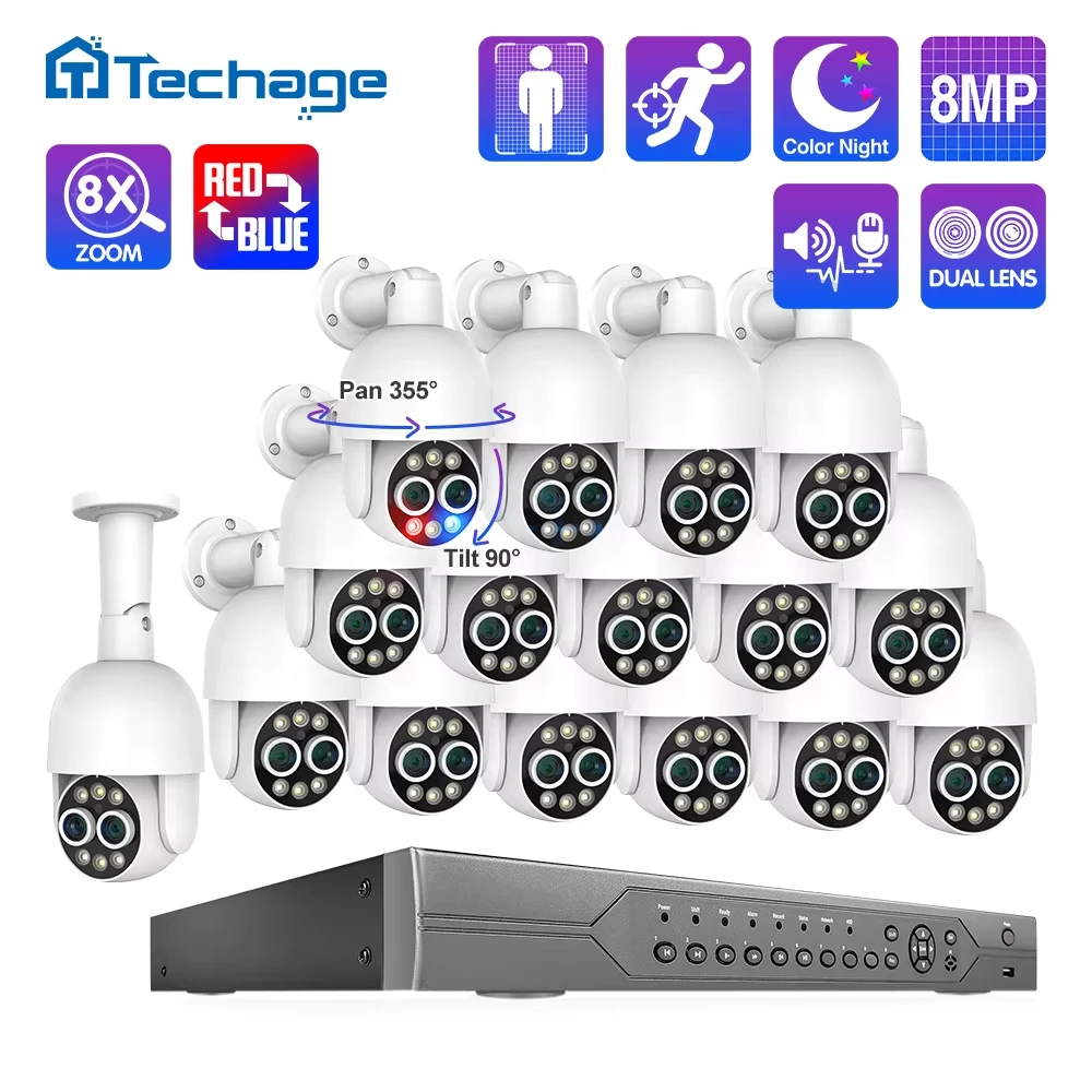 Techage 16-Kanal 8MP PTZ PoE Kamerasystem NVR-Kit 8X Hybrid-Zoom Dual-Objektiv KI-Menschenerkennung Auto-Tracking 2-Wege-Audio CCTV Sicherheitsüberwachung