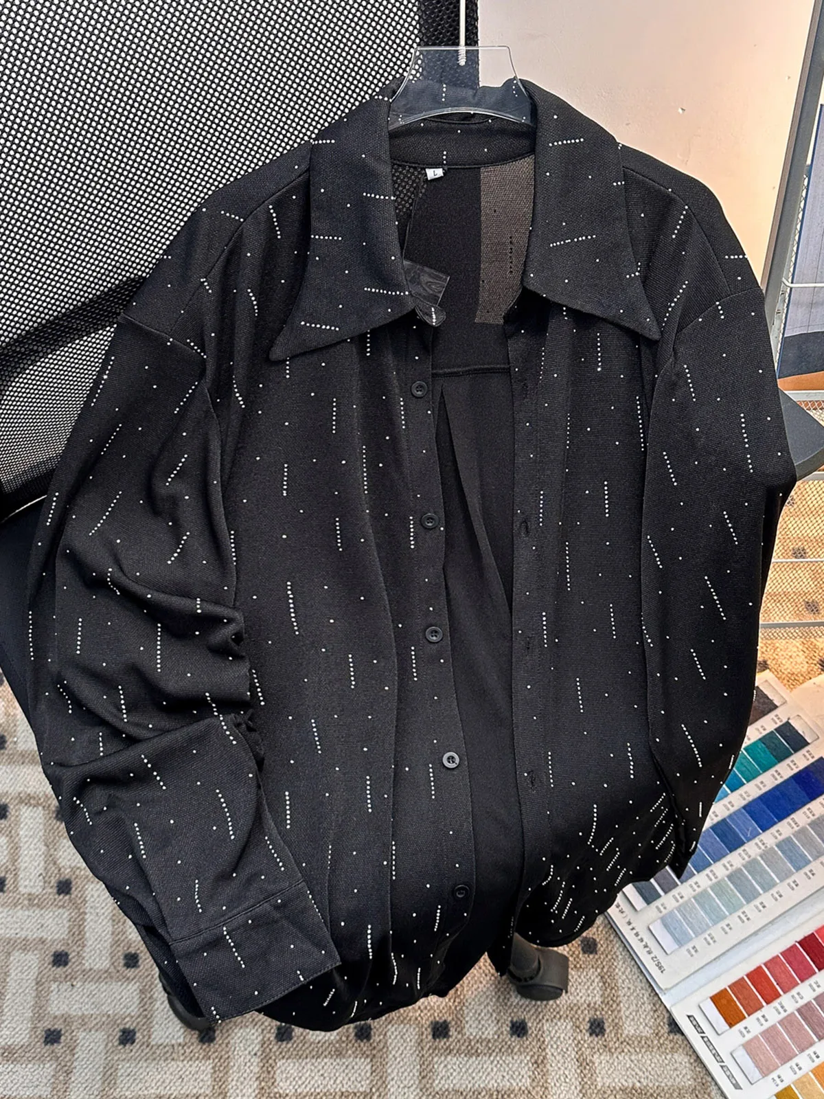 Black Rhinestone Casual Shirt Men's Spring Trend Loose American Design Star Pattern Outerwear Long Sleeve Flip Collar Cardigan