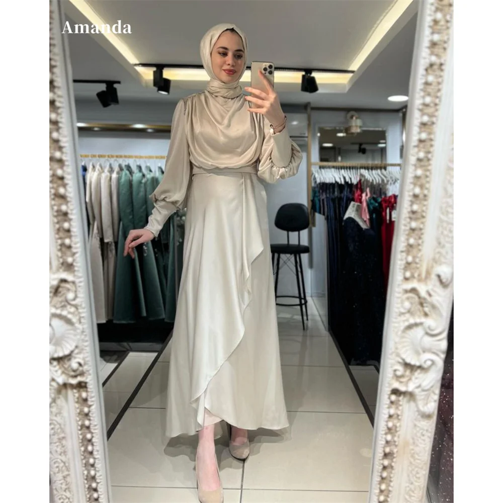 

Amanda Silk Satin Modest فساتين سهرة High Neck A-line Prom Dresses Elegant Long Sleeves Ankle-Length Empire Waist Saudi Arabia