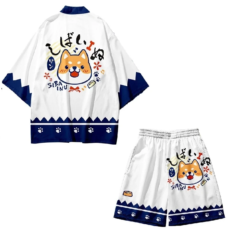 Two-piece Suit Japanese Style Fashion Kimono And Shorts Set Boys Girls Cardigan Blouse Haori Obi Children Clothes