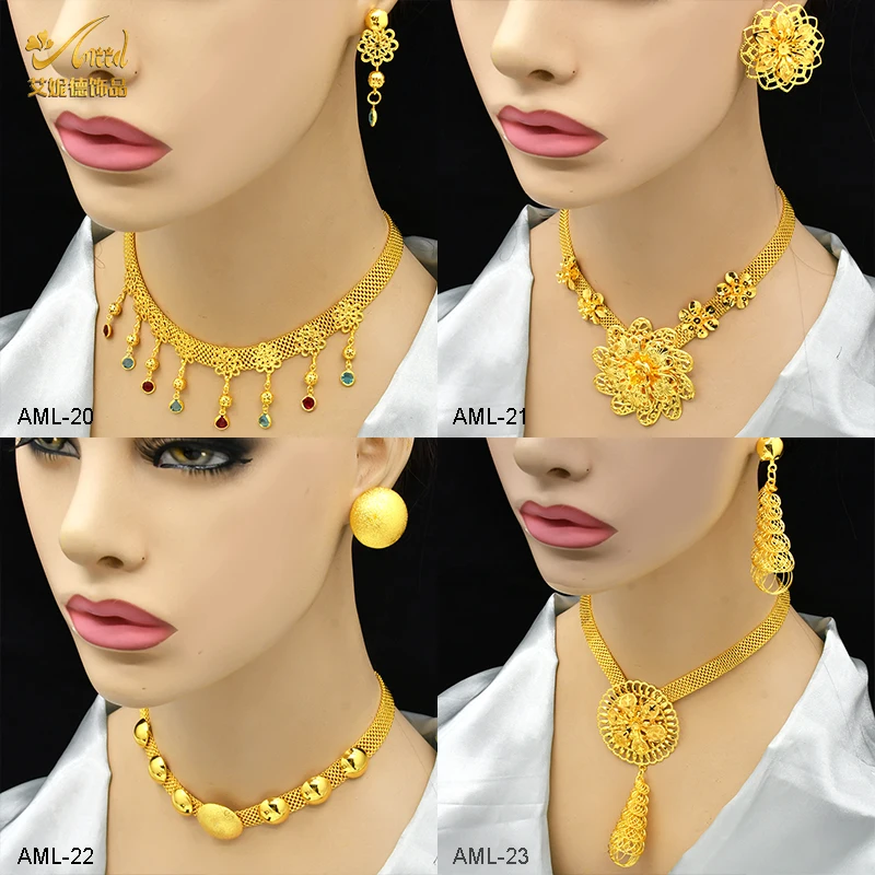 ANIID Necklace Sets For Women Dubai African Gold Color Jewelry Set Bride Earrings Ring Indian Nigerian Wedding Jewelery Set Gift