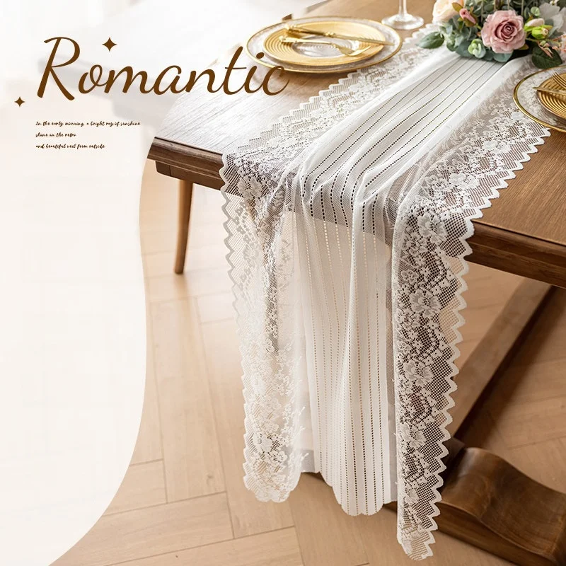 Vintage Hollow Floral Lace Table Runner, Elegant Sheer Striped Table Scarf for Dining Table, TV Cabinet, Wedding & Home Decor