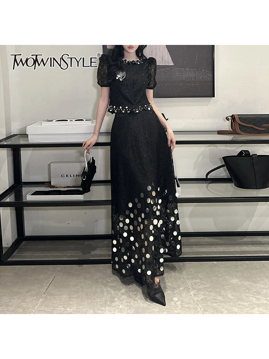 

TWOTWINSTYLE Solid Spliced Sequins Two Piece Sets for Women O Neck Short Sleeves Top High Waist Skirt Patchwork Lace Set Female