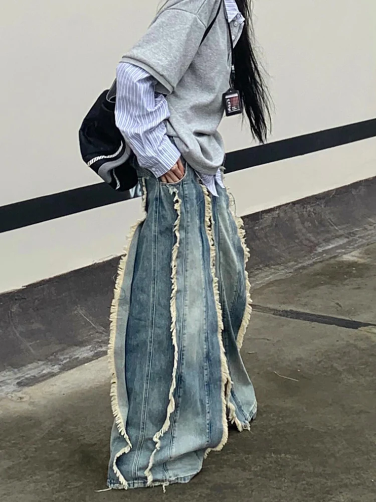 

American High Street Spicy Girl Frayed Wide Leg Denim Jeans Women's Spring Summer Loose Slim High Waist Straight Cut Pants
