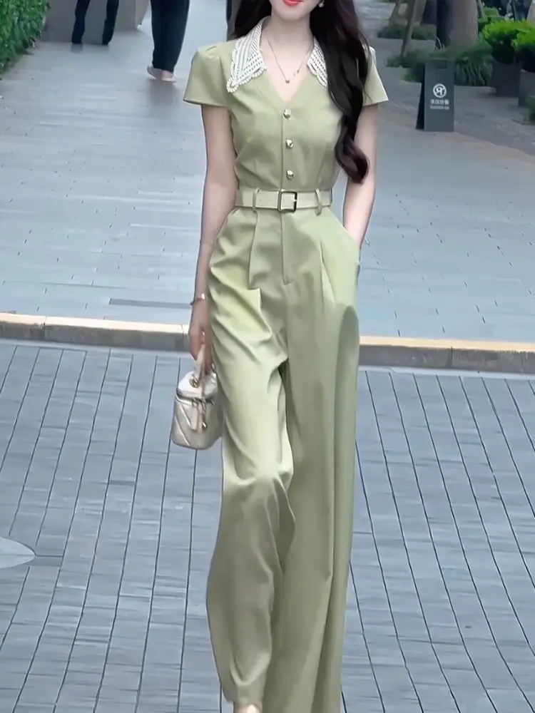 

French Minimalist Lace Spliced Green Short-sleeve Jumpsuit For Women high-waist wide-leg pants Office Lady Clothing For Summer