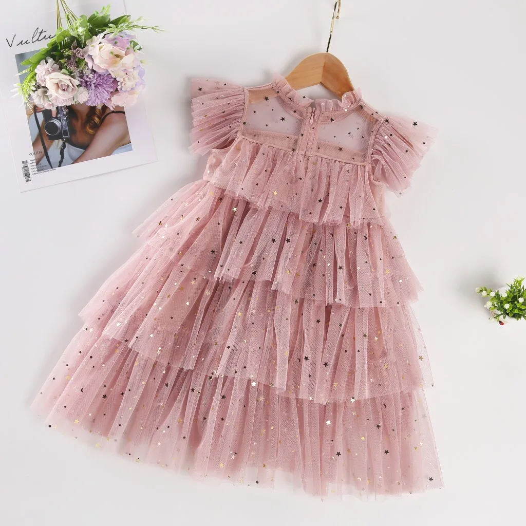 Girls Sequin Dresses for Summer Ruffles Elegant Princess Dress for Girl Birthday Wedding Party Dress 3-8 Yrs Holiday Casual Wear