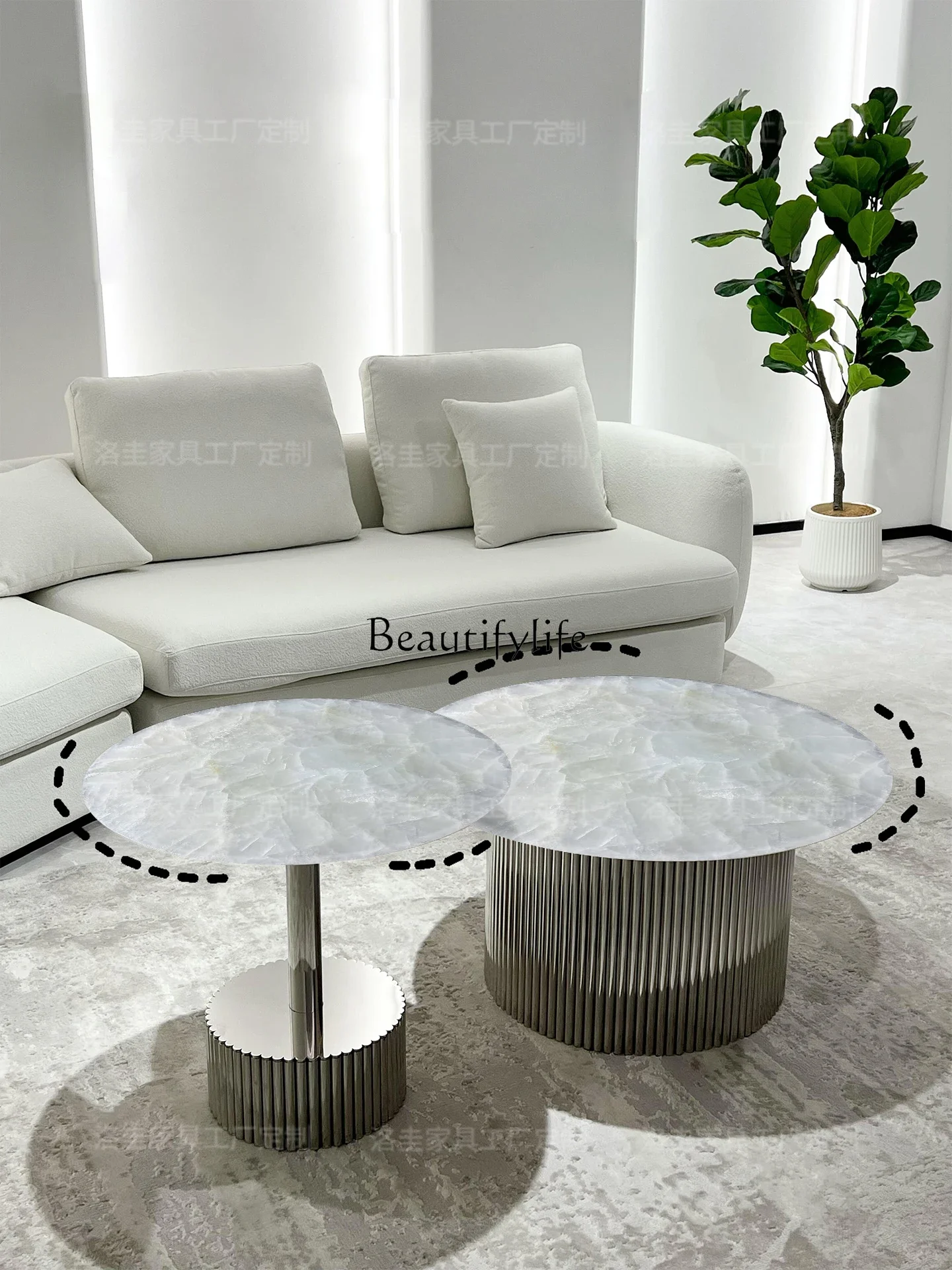 

yj15 Natural Luxury Stone Round Coffee Table Living Room Simple Modern White Ice Jade Marble Size Combination
