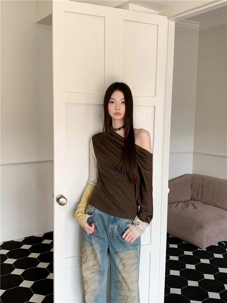 CHEERART Brown Patchwork Long Sleeve T Shirt Off The Shoulder Top Woman 2024 Fall Clothes Fashion Shirring Knit Top