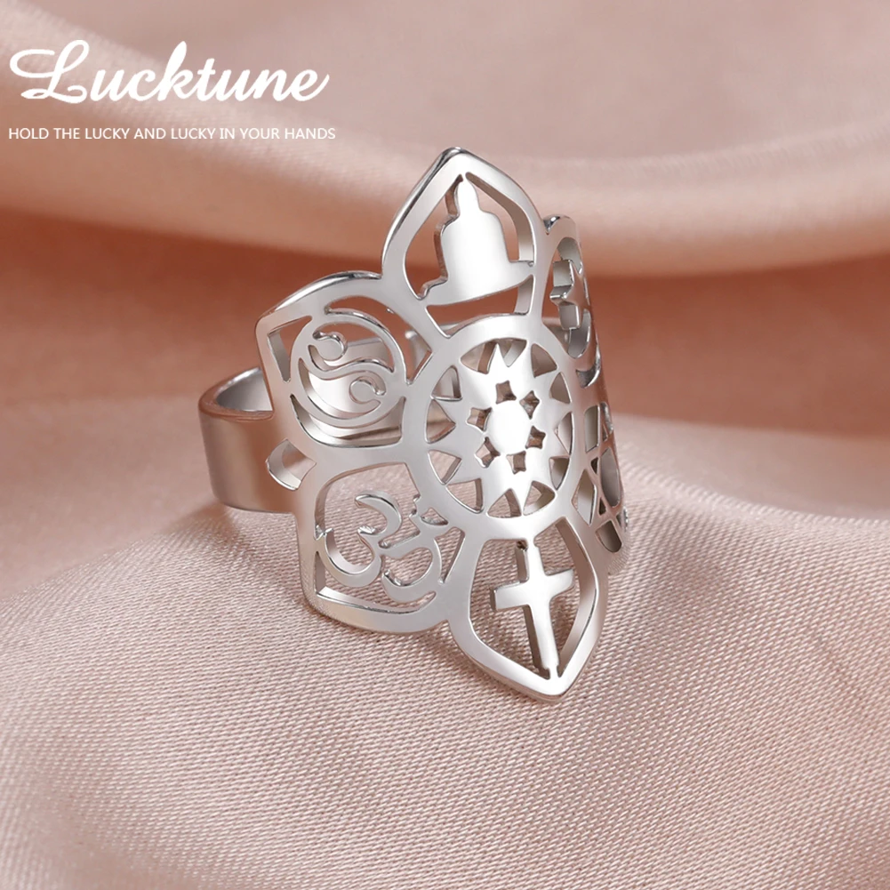 Lucktune-Bagues en Fleur de lotus Yoga OM Symbole Acier inoxydable Yin Yang Croix Lune étoilée Amulette Anneaux pour femmes Hommes Protection Bijoux