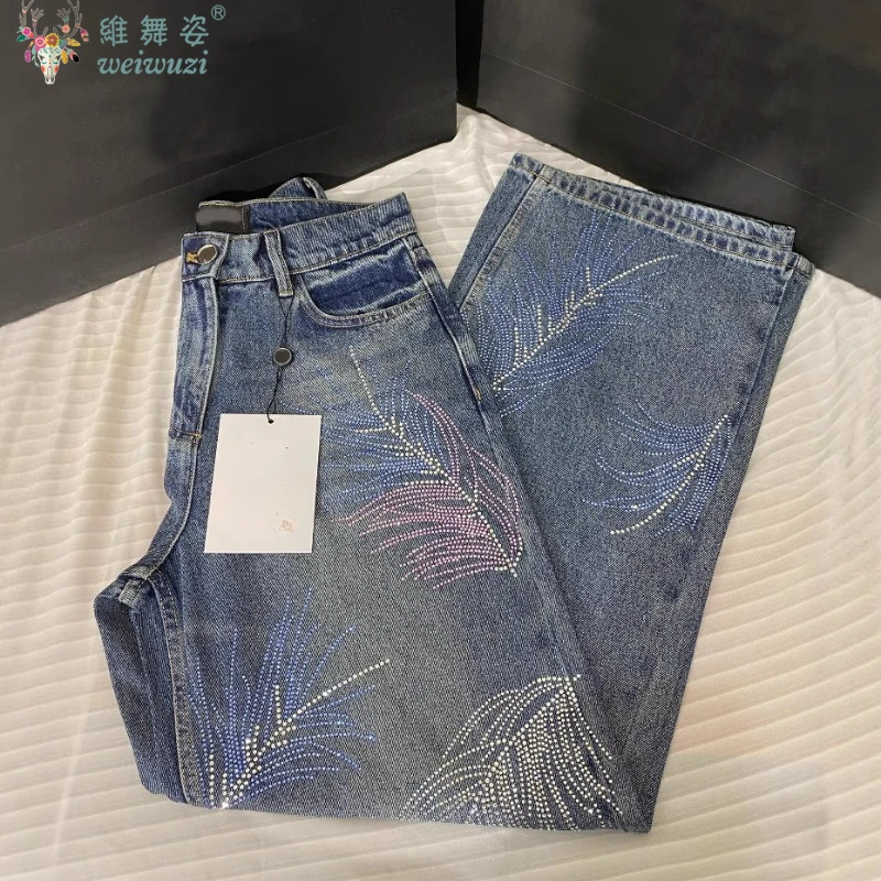 Elegant Rhinestone Feather Pattern Women's Jeans Y2k Fashion Must-have High Waist Denim Pants Causal Wide-Leg Denim Streetwear