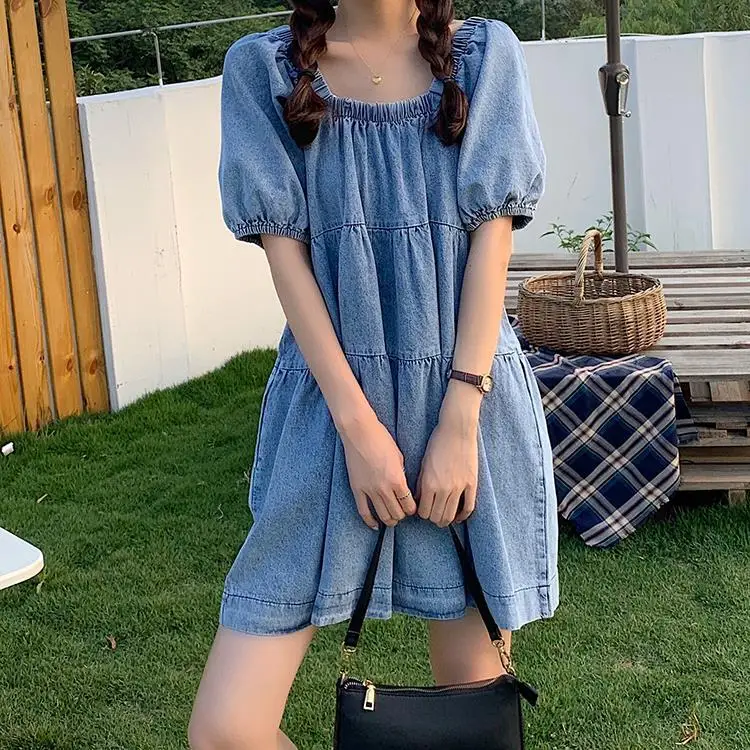 Korean Girly Style Retro Square Collar Puff Sleeve Denim Skirt All-Matching Youthful-Looking Dress Women\'s Summer Denim Skirt