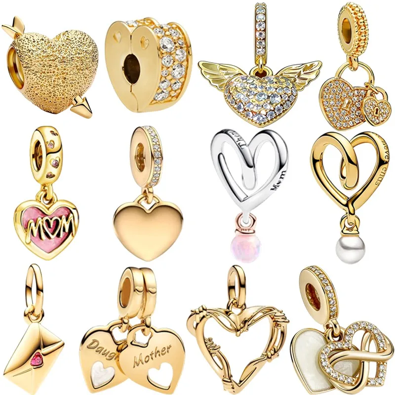 

Now Sparkling Gold Heart Shape Envelope Family Multi-Element Charms Bead Pendants Clips Fit Original European Snake Bone Jewelry