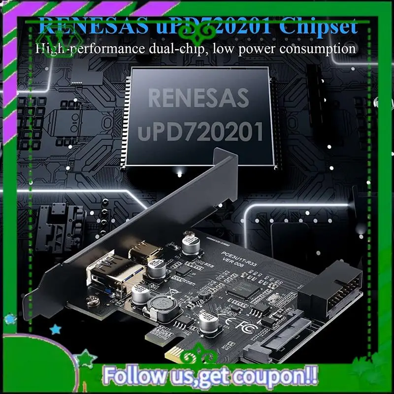 ABIK-PCI-E 1X para USB 3.2 Gen1 USB3.2 Tipo-C Placa adaptadora frontal 2 portas (Tipo C + Tipo A) Placa de expansão