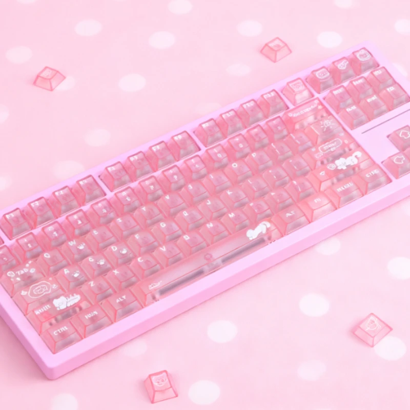 Keycat Sweet Cat Themed Mechanical Keyboard Keycaps  cherry Profile 140pcs Pink Matte & Light-Transmitting Cute Custom Design