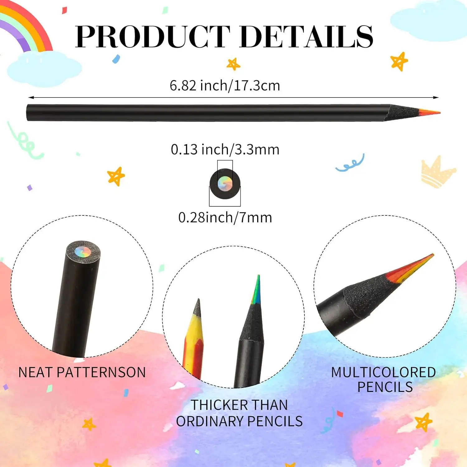 12/6Pcs Colored Black Wood Color Pencils, 7 in 1 Rainbow Drawing Pencil. for Sketching, Doodling, Coloring, Painting images - 6