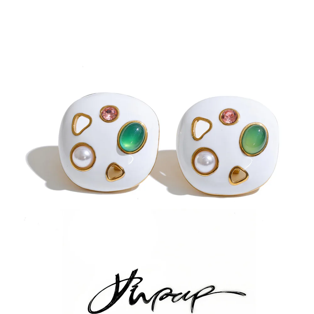 Yhpup White Enamel Stone Pearls Round Stud Earrings for Women 18K Gold Color PVD Plated Stainless Steel 2026 Arrivals Jewelry