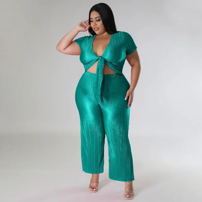 KEXU Plus Size Pleated Women's Set Short Sleeve Tie Up Shirt and Wide Leg Pants 2024 Summer Two 2 Piece Set Casual Tracksuit