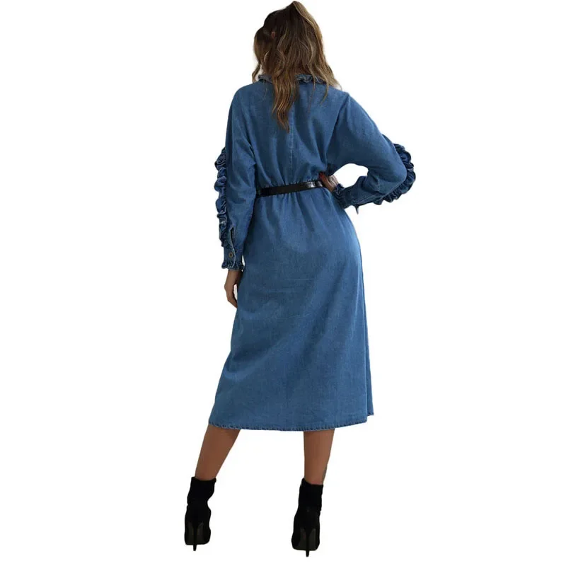 Women Autumn Winter Long Denim Dress Elegant Long Sleeve Lapel Ruffles Jeans Dress Female Office Lady Midi Shirt Dresses