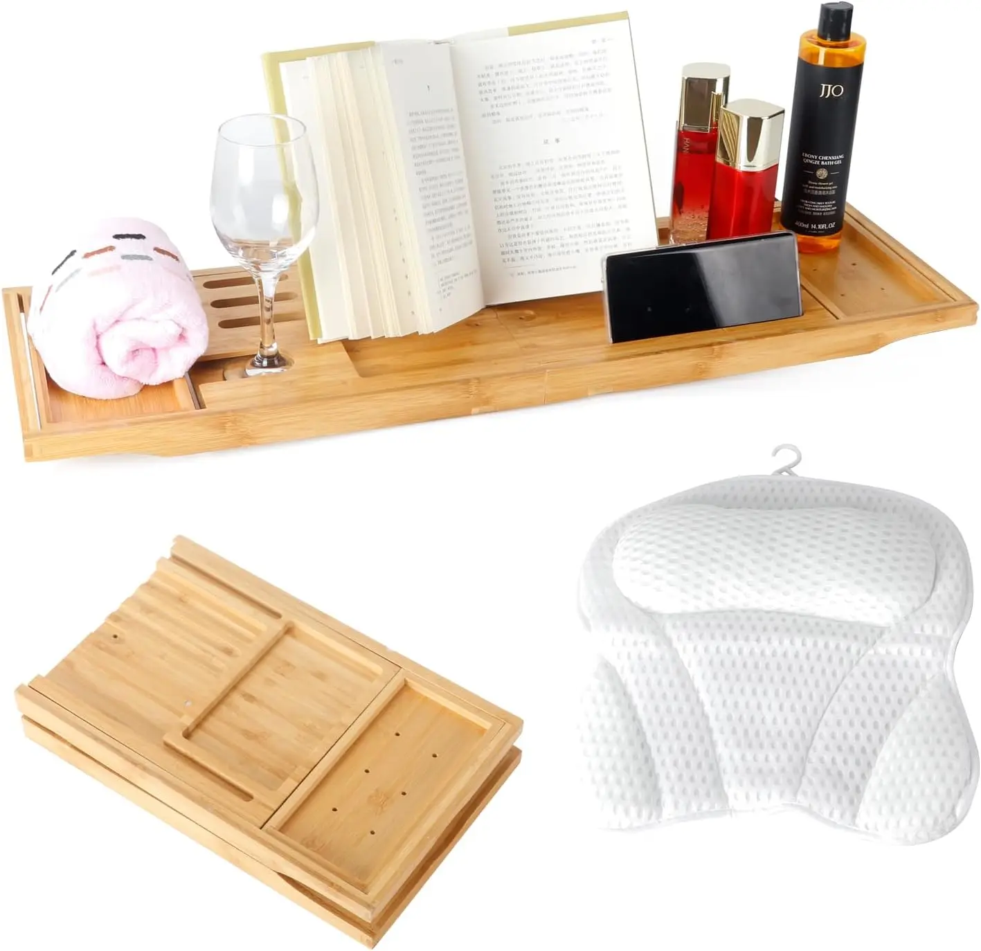 

Expandable Bamboo Bathtub Tray with Pillow, Foldable Caddy for Luxurious Soaking