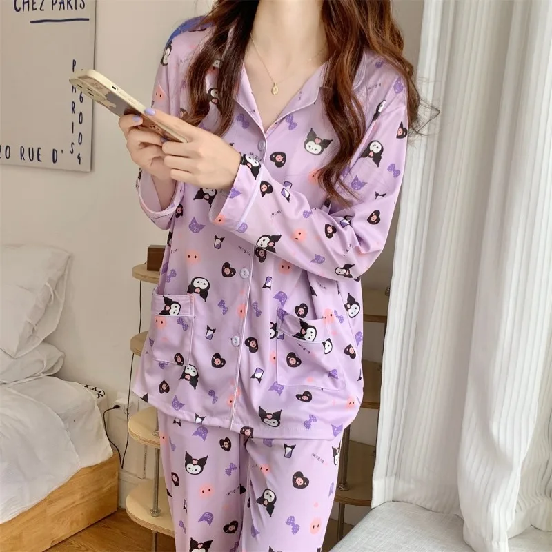 Sweet Cute Sanrio Kuromi Anime Women Pajamas Loose Casual Can Go Out Long-sleeved Trousers Spring Autumn Comfortable Homewear