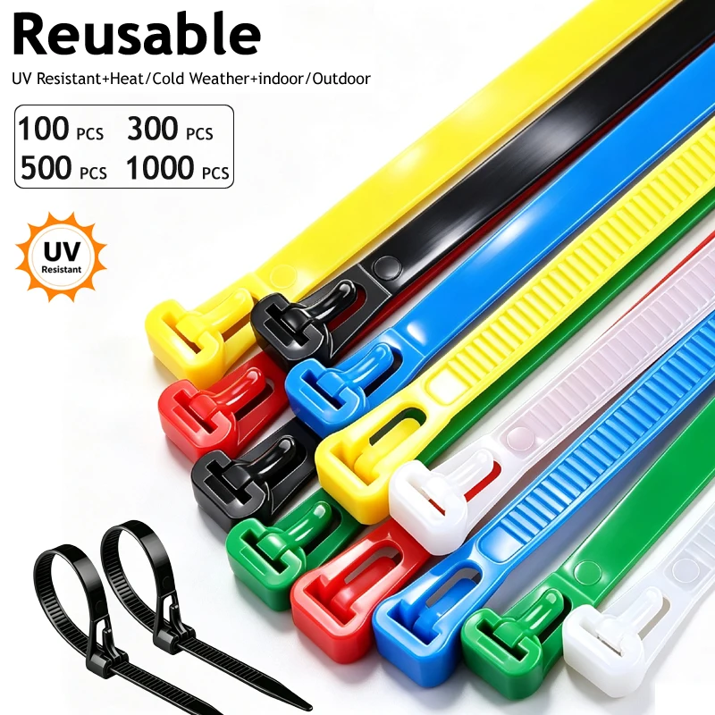 50-1000pcs Reusable Nylon Cable Ties Self Locking Zipties UV Resistant Indoor Outdoor Workshop Patio Office Recyclable Wire Ties