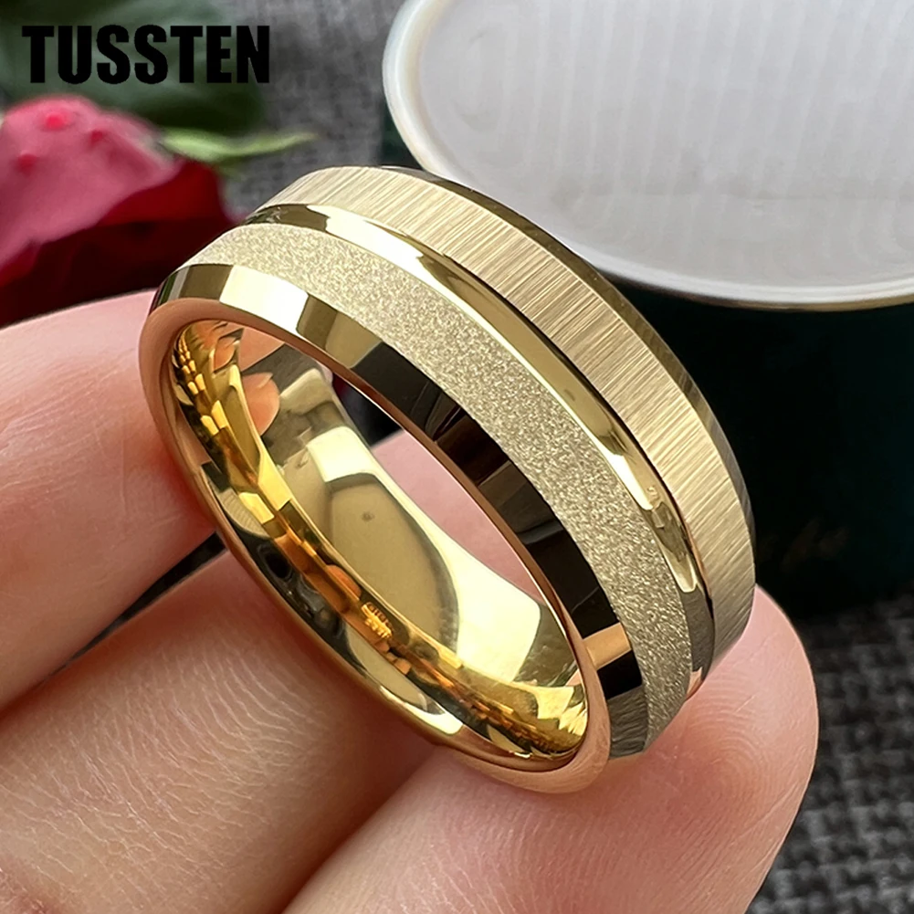 

TUSSTEN 6/8MM Sandblasted Finish 14K Gold Plated Tungsten Ring for Men Women Fashion Engagement Wedding Band Comfort Fit