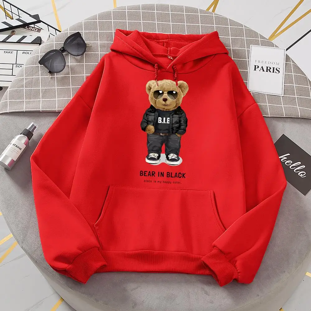 Teddy Bear In Black That Is My Happy Color Women Hoody Street Casual Loose Sweatshirt Autumn Fleece Hooded Hip Hop O-Neck Tops