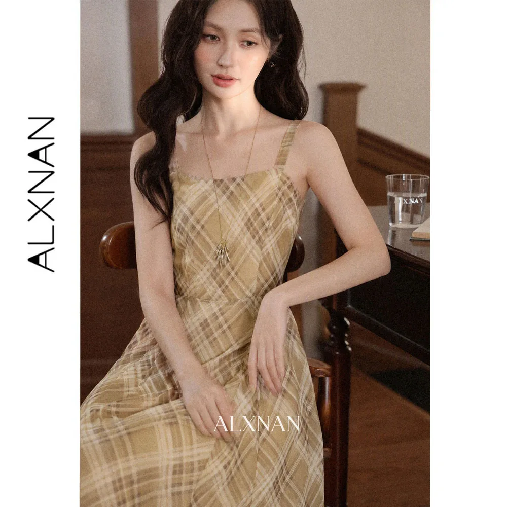 ALXNAN Women's Khaki Plaid Long Dress 2026 Autumn Vintage Elegant Sleeveless Dress Holiday A-line Female Clothing L679252A