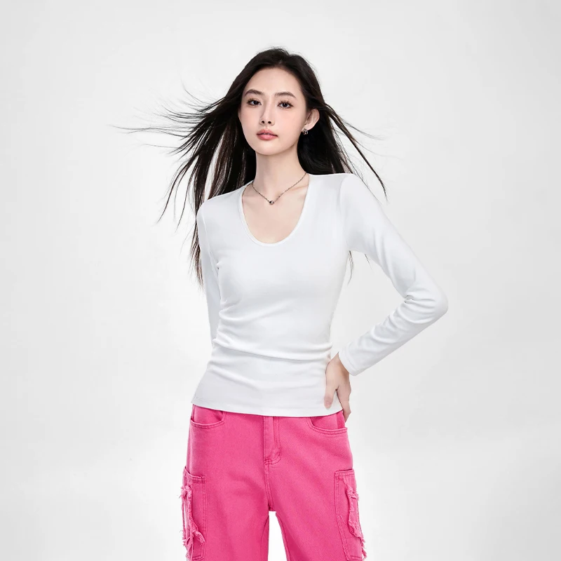 

Autumn Winter Skin-friendly Slim Long Sleeve Simple Pullover Shirt Inner Threaded Solid Bottom Women Blouse Tops Soft