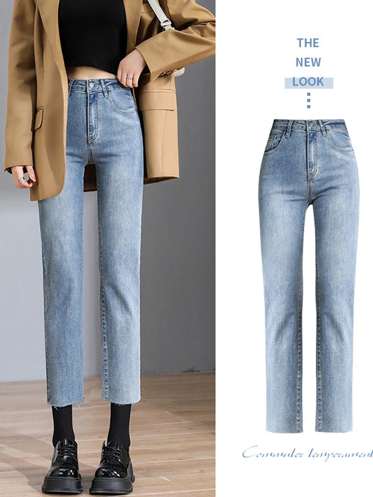 

Light blue jeans women ankle length washed high waist pockets y2k female denim pants straight leg streetwear boyfriend 2024