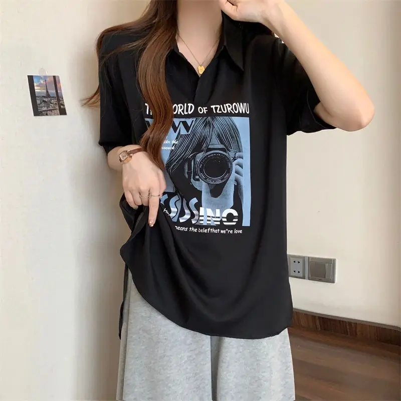 Fashion Lapel Printed Slit Asymmetrical T-Shirt Female Clothing 2024 Summer New Loose Casual Tops Korean Irregular Tee Shirt