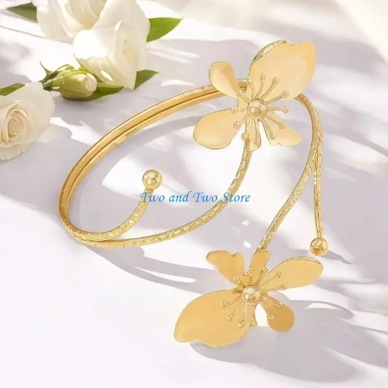 HX6F افتتاح أنيق قابل للتعديل زهرة سوار امرأة فتاة الإسورة اليد مجوهرات نسيج معدني مثالي لمحبي الموضة
