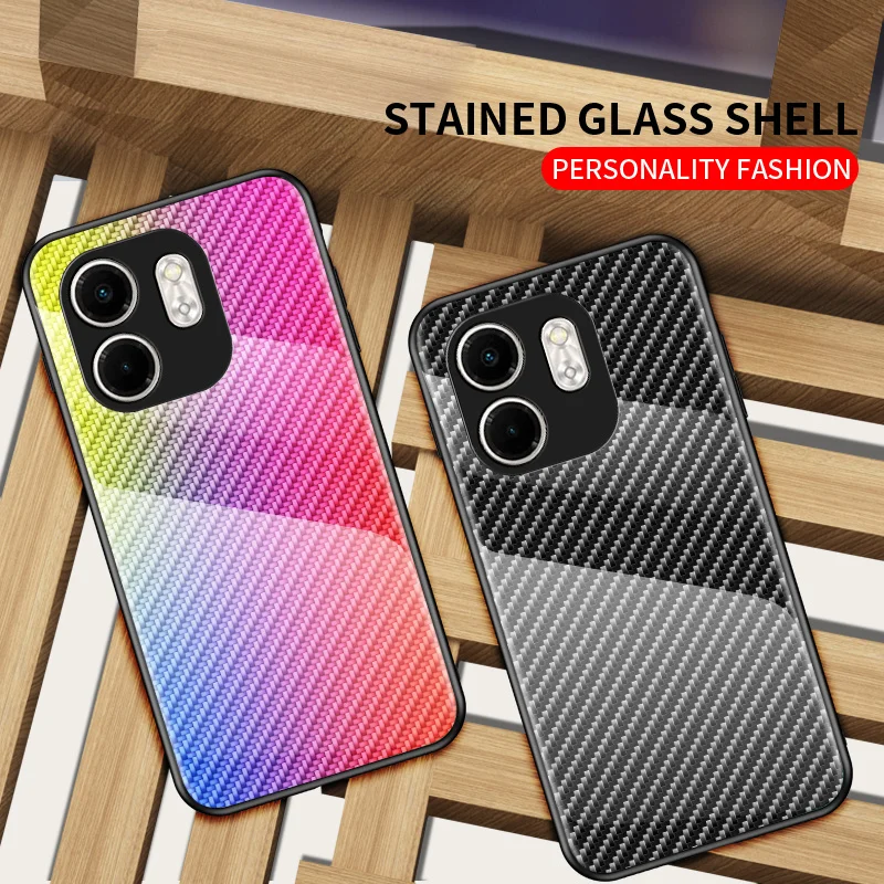 Infinix Hot 50i X6531 X6531B Case Carbon Fiber Grain Tempered Glass Hard Back Cover Phone Case for Infinix Hot 50i X6531 X6531B image 2
