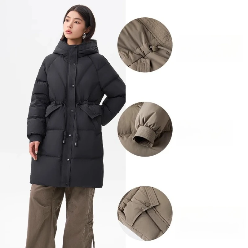 Chericom Damen-Daunenjacke mit Kapuze, lang, 2022, Winter, Kordelzug, Taille, Puffer, thermisch, warm, schlankmachend, lässige Oberbekleidung, Y309159Y