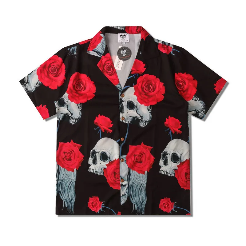 Summer New Trend Mens Rose Skull Printed Hawaiian Short Sleeve Shirts Men Button Up Oversized Hawaii Beach Shirt Chemise Homme