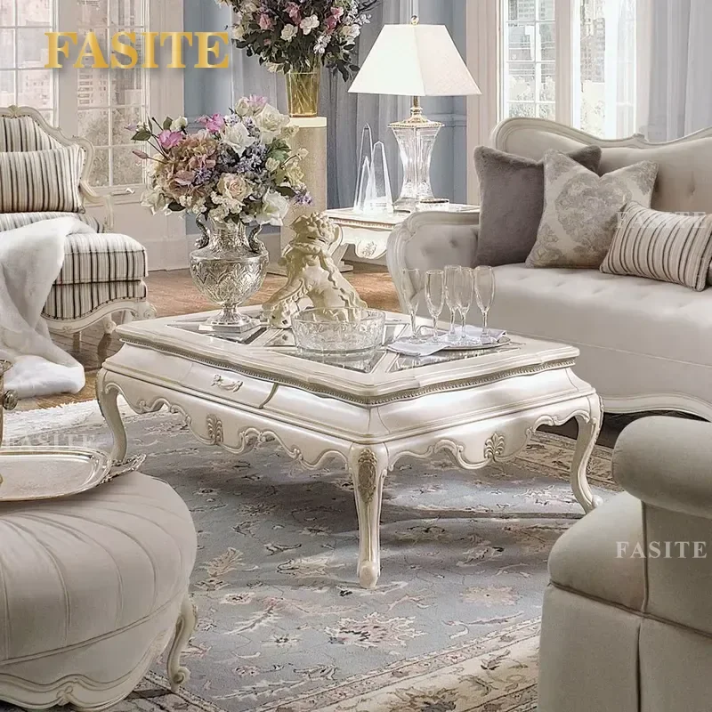 European-style Solid Wood Coffee Table Side Table, Carved in White, Italian Design Living Room and Hotel Furniture with