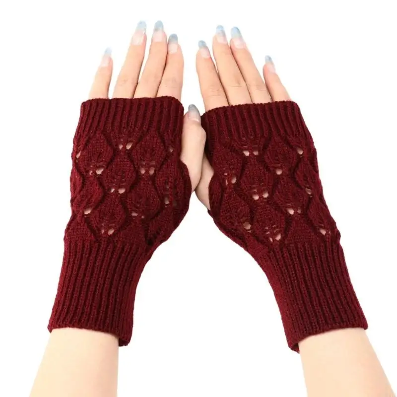 831A Autumn Textured Fingerless Gloves Stretchable Acrylic Knit For Outdoor Indoor