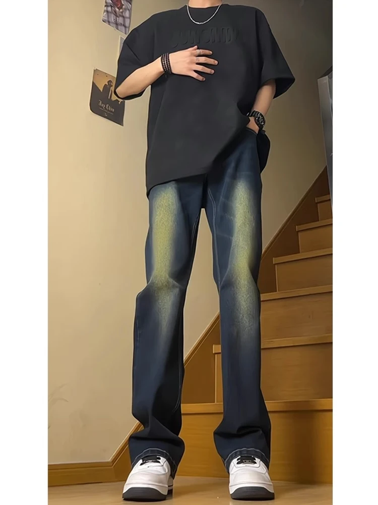 

Мужские джинсы в стиле ретро, американские, синие, с высокой талией, прямые, слегка расклешенные, молодежные, модные, брендовые, в стиле High Street