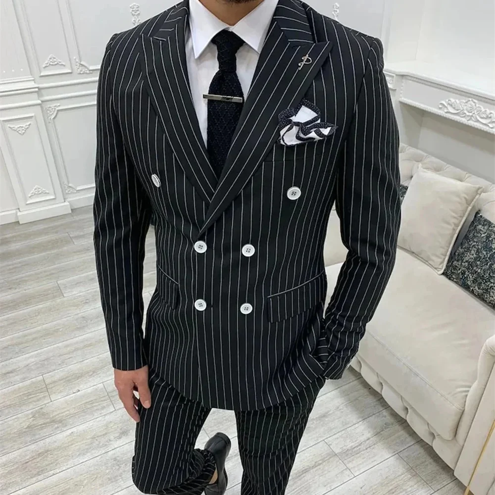 

Мужской костюм, черный полосатый топ и брюки, костюм-двойка, мужская индивидуальная одежда для деловых мероприятий, сценическая одежда, подходящая для всех сезонов