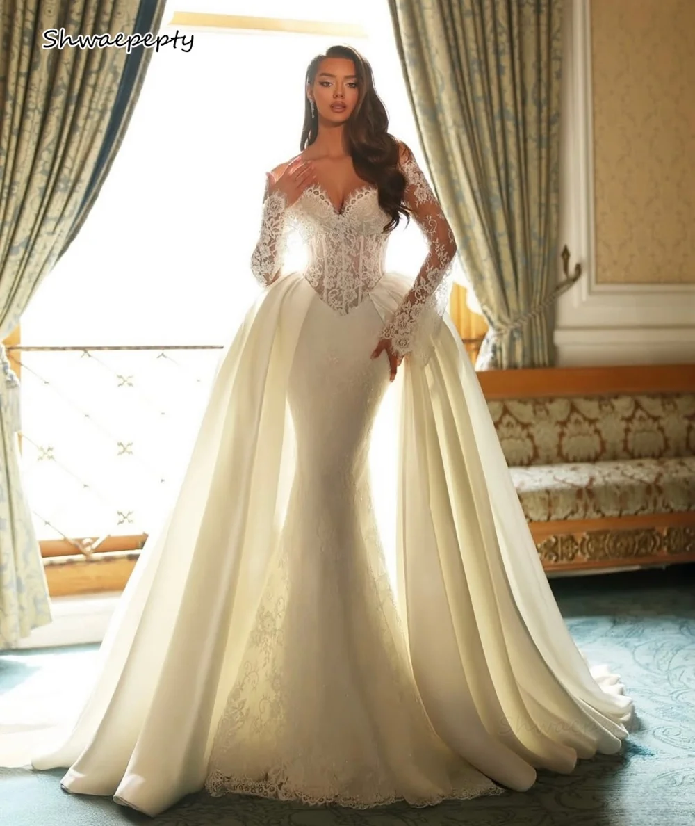 Luxury Lace Mermaid Wedding Dress With Detachable Train Removable Long Sleeves Sweetheart Corset Long Bridal Gowns Customized