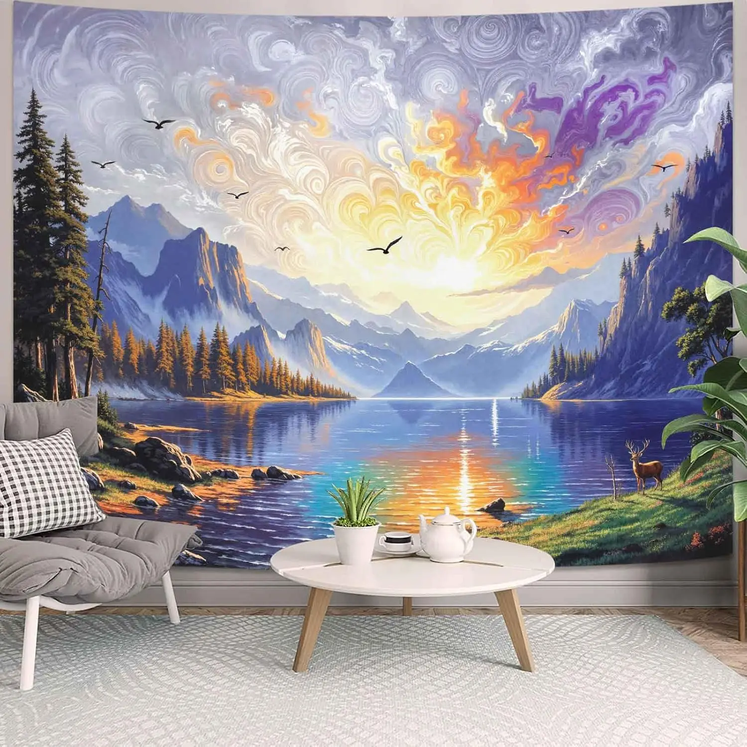Fantasy Landscape Tapestry, Magical Sunset Lake with Mountains and Deer Wall Art for Aesthetic and Dreamy Room Decoration